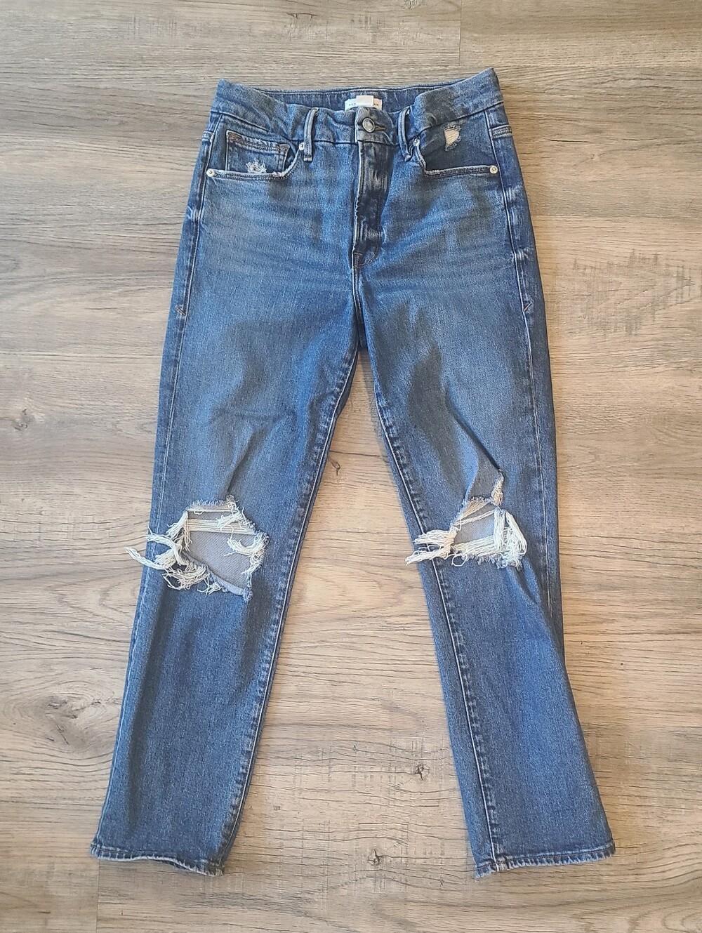 Good American High-Rise Medium Blue Jeans Distressed Knees Slim Fit, 28 / 6